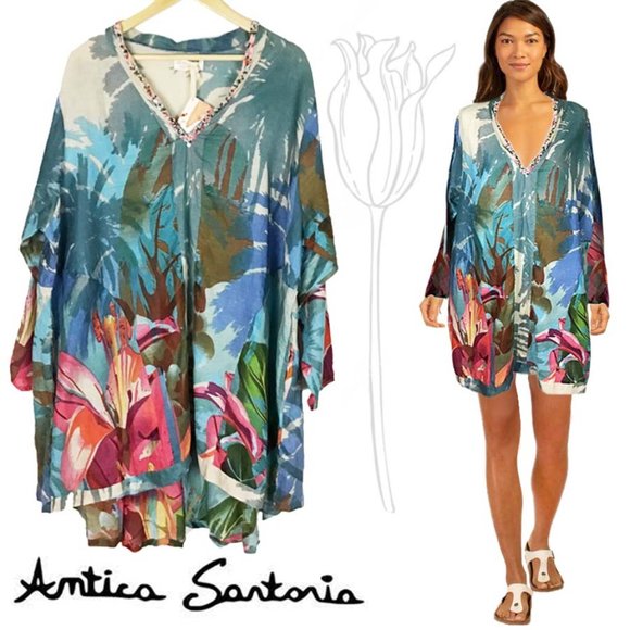 Antica Sartoria Other - Antica Sartoria Blue Floral Embellished Neck Oversize Tunic Coverup Dress